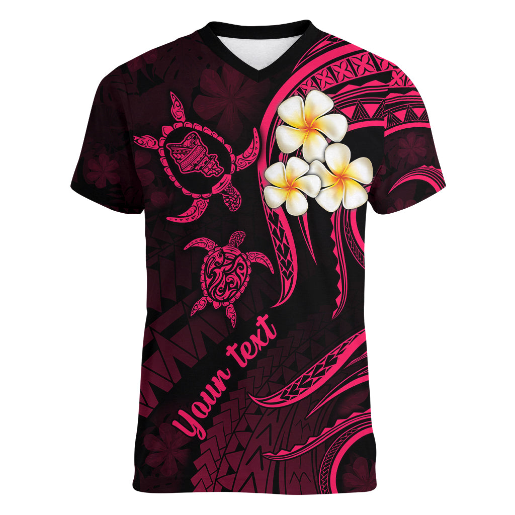 Personalised Oahu Hawaii Women V Neck T Shirt Polynesian Tattoo and Pacific Plumeria Pink Vibe LT9 Female Pink - Polynesian Pride