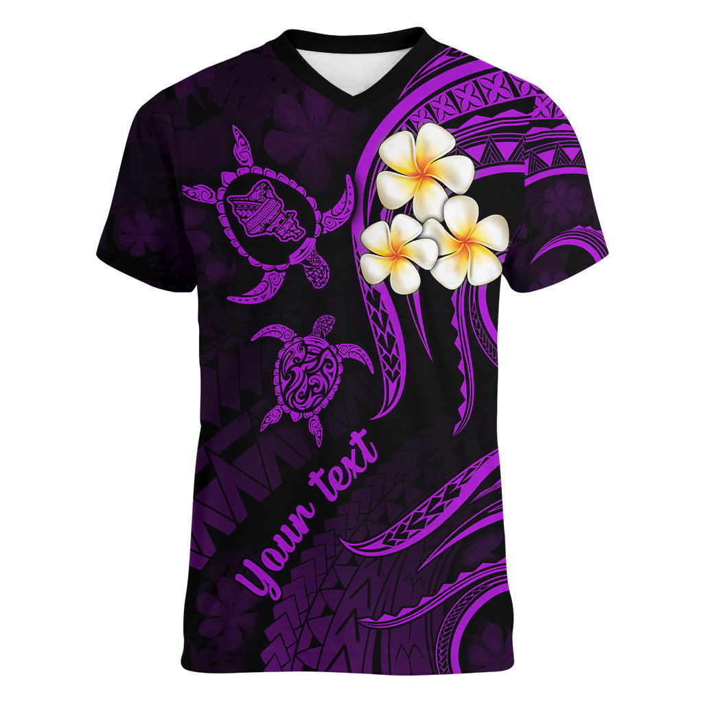 Personalised Oahu Hawaii Women V Neck T Shirt Polynesian Tattoo and Pacific Plumeria Purple Vibe LT9 Female Purple - Polynesian Pride