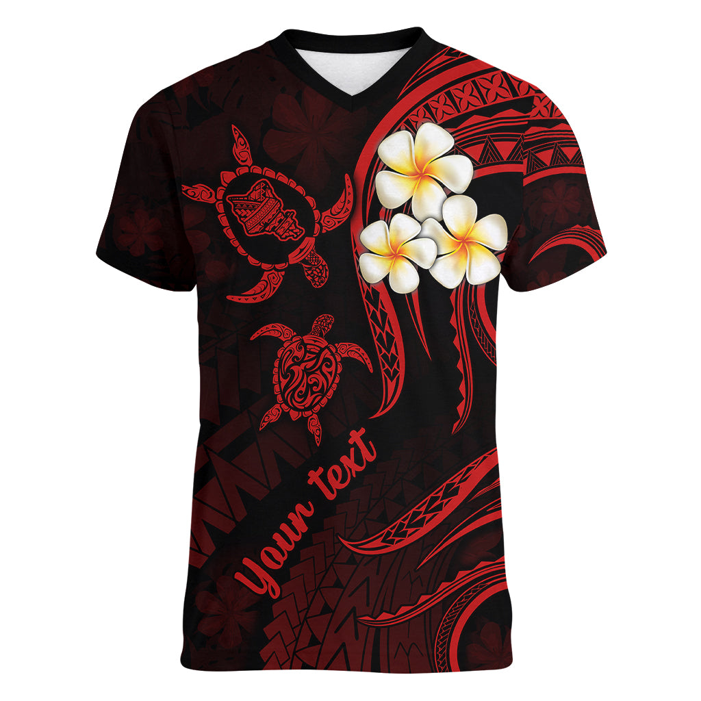 Personalised Oahu Hawaii Women V Neck T Shirt Polynesian Tattoo and Pacific Plumeria Red Vibe LT9 Female Red - Polynesian Pride