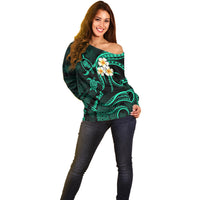 Personalised Oahu Hawaii Off Shoulder Sweater Polynesian Tattoo and Pacific Plumeria Turquoise Vibe LT9 - Polynesian Pride