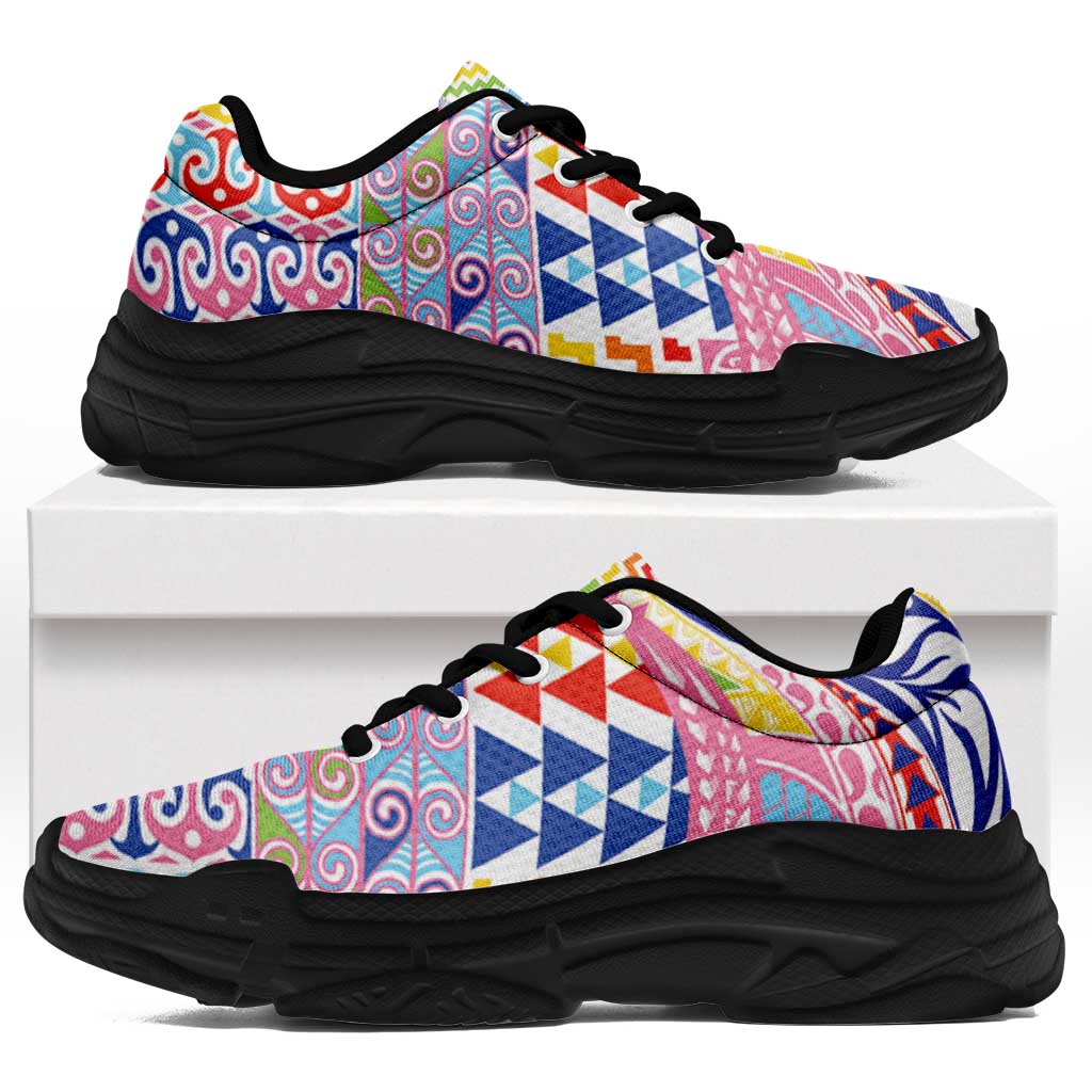 Maori Kowhaiwhai Taniko Patchwork Rainbow Motifs Chunky Sneakers