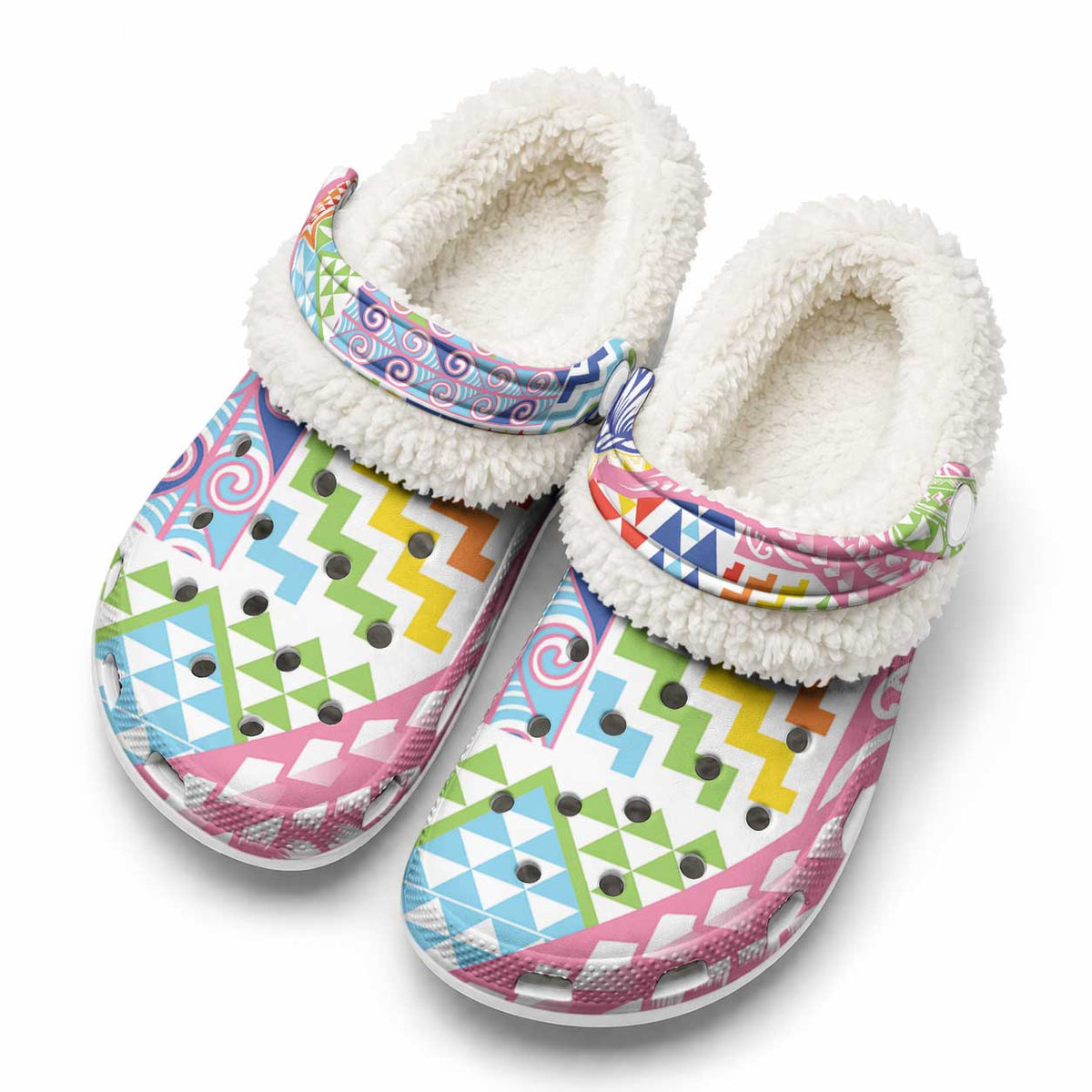 Maori Kowhaiwhai Taniko Patchwork Rainbow Motifs Fleece Clogs
