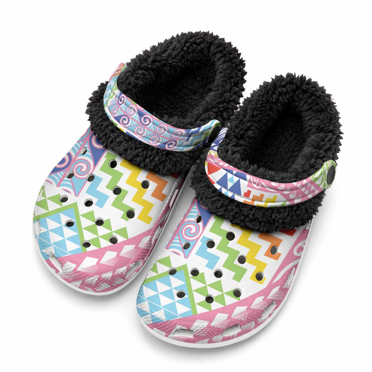 Maori Kowhaiwhai Taniko Patchwork Rainbow Motifs Fleece Clogs