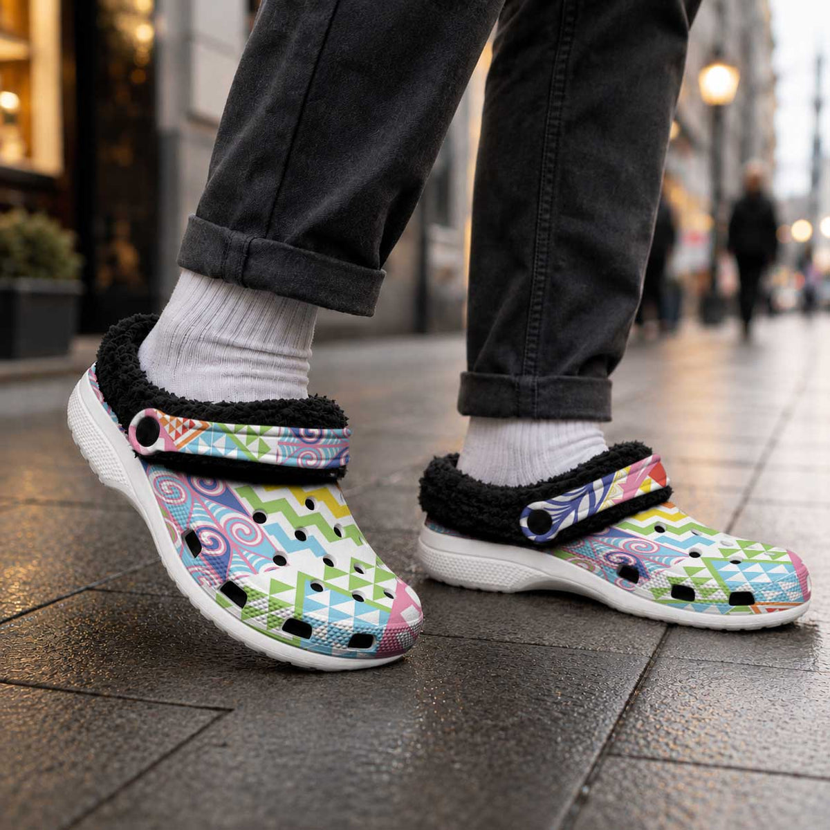 Maori Kowhaiwhai Taniko Patchwork Rainbow Motifs Fleece Clogs