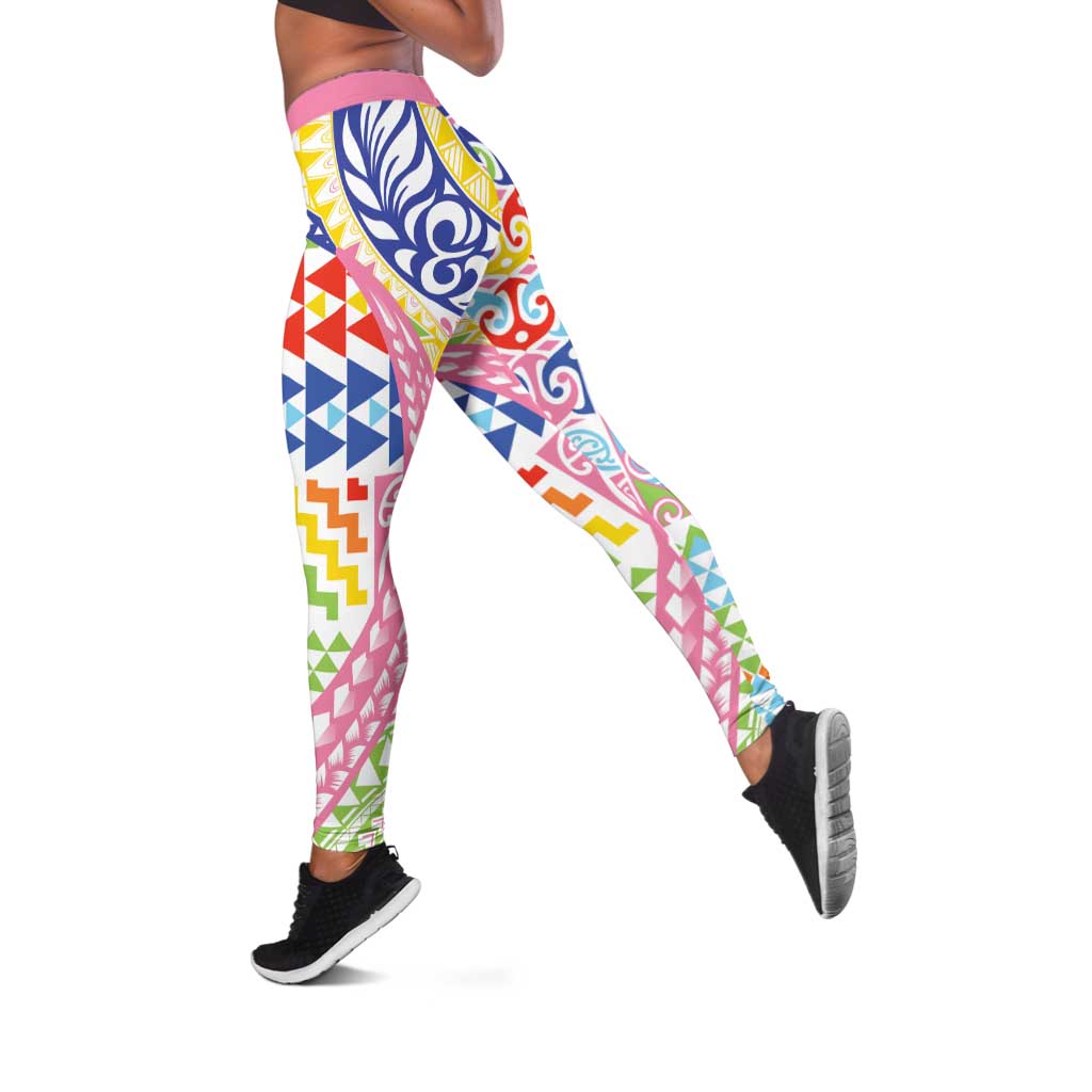 Maori Kowhaiwhai Taniko Patchwork Rainbow Motifs Leggings