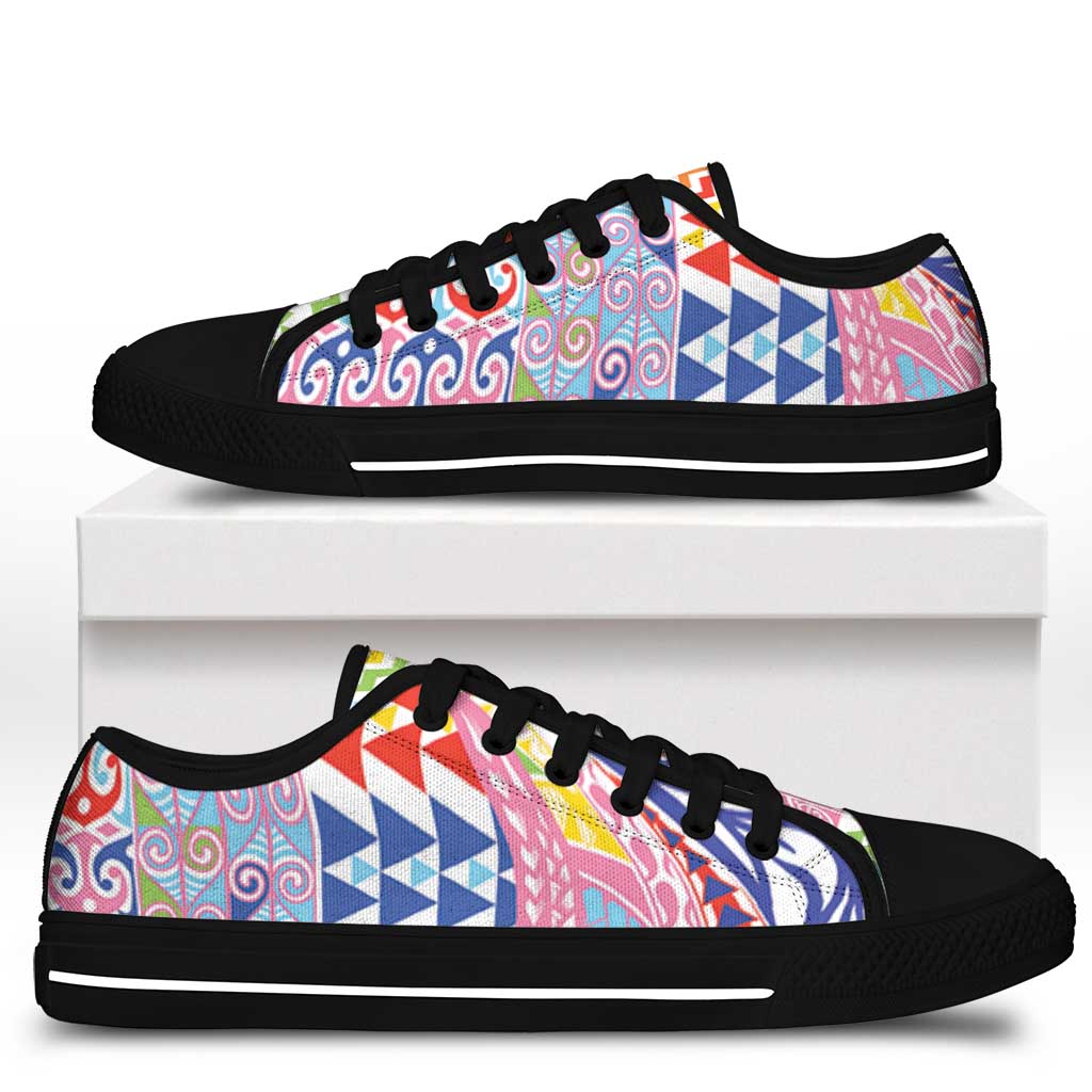 Maori Kowhaiwhai Taniko Patchwork Rainbow Motifs Low Top Shoes
