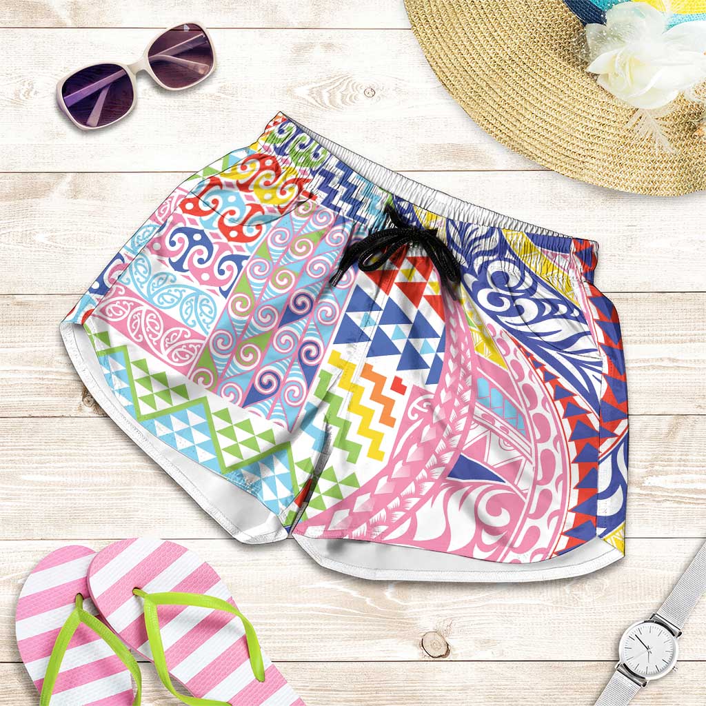 Maori Kowhaiwhai Taniko Patchwork Rainbow Motifs Shorts for Women