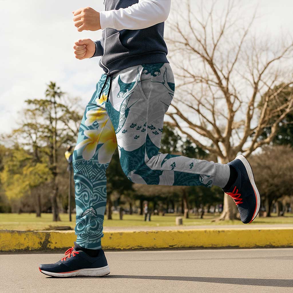 Maori Manta Ray Plumeria Teal Jogger Pants LT01 - Polynesian Pride