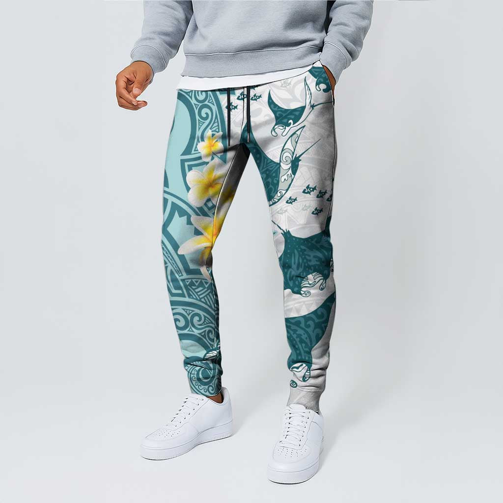 Maori Manta Ray Plumeria Teal Jogger Pants LT01 - Polynesian Pride