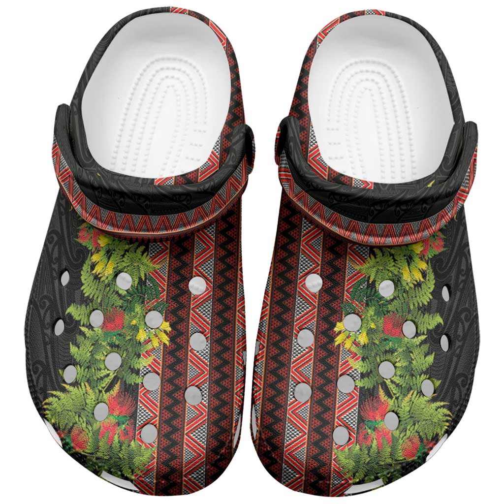 Maori Tukutuku Clogs Shoes with Ferns Pohutukawa and Kowhai Tribal Moko Patterns