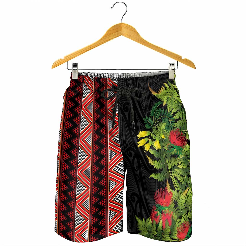 Maori Tukutuku Shorts for Men with Ferns Pohutukawa and Kowhai Tribal Moko Patterns