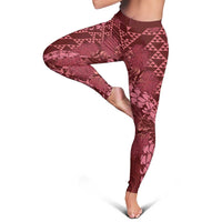 Maroon Aloha Hawaii Leggings Hawaiian Kakau Ohia Lehua Lei - Polynesian Pride