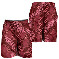 Maroon Aloha Hawaii Shorts for Men Hawaiian Kakau Ohia Lehua Lei - Polynesian Pride