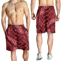 Maroon Aloha Hawaii Shorts for Men Hawaiian Kakau Ohia Lehua Lei - Polynesian Pride