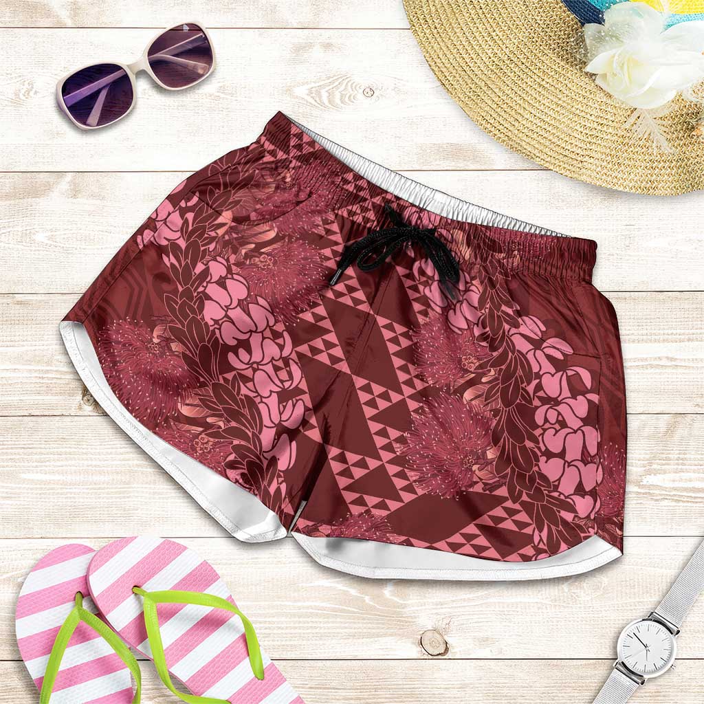 Maroon Aloha Hawaii Shorts for Women Hawaiian Kakau Ohia Lehua Lei - Polynesian Pride