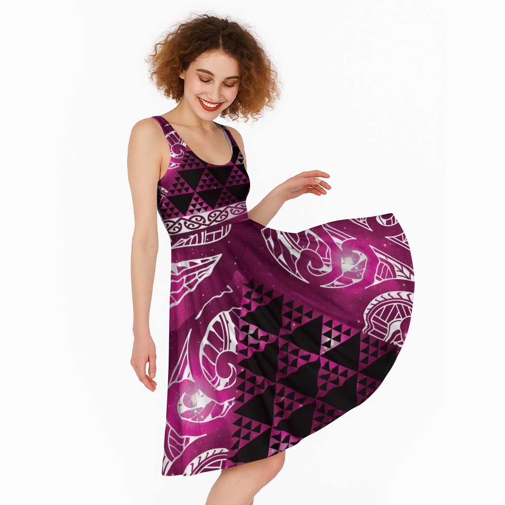 Matariki New Zealand Midi Dress NZ Niho Taniwha Maori New Year Pink Galaxy