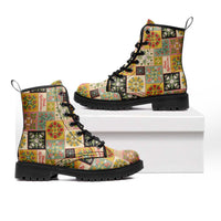 Mele Kalikimaka Hawaii Christmas Leather Boots Melemele Mama Seamless Floral Motif - Polynesian Pride
