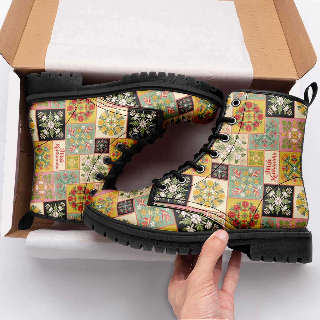 Mele Kalikimaka Hawaii Christmas Leather Boots Melemele Mama Seamless Floral Motif - Polynesian Pride