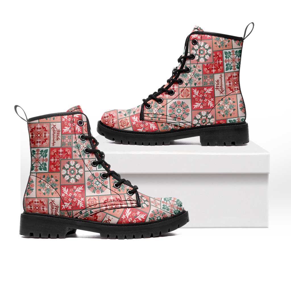Mele Kalikimaka Hawaii Christmas Leather Boots Ulaula Seamless Floral Motif - Polynesian Pride