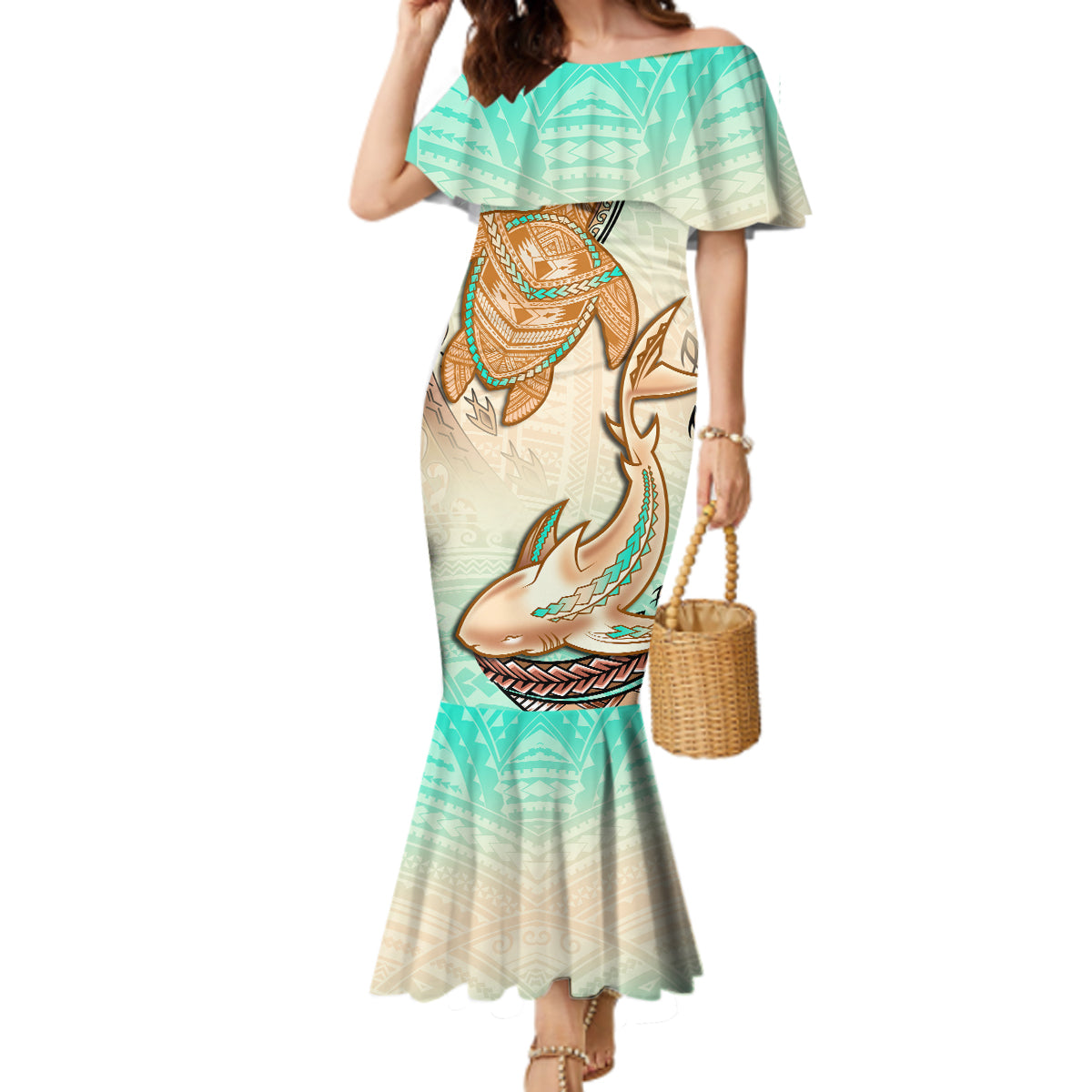 Hawaii Mermaid Dress Polynesian Shark and Sea Turtle Dreamy Turquoise Artsy LT14 Women Turquoise - Polynesian Pride