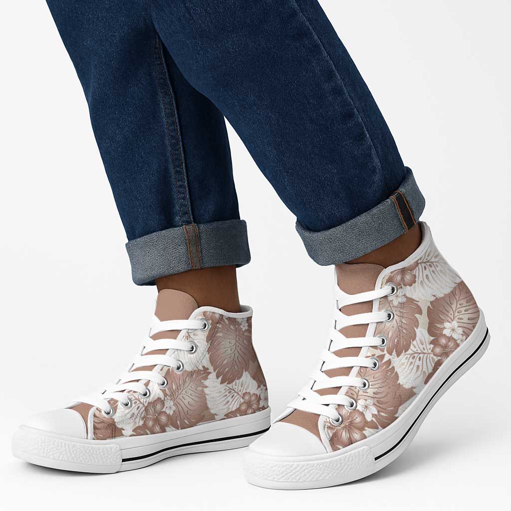 Mocha Mousse Aloha Hawaii High Top Shoes Monstera Hibiscus Plumeria Seamless Vibes - Polynesian Pride