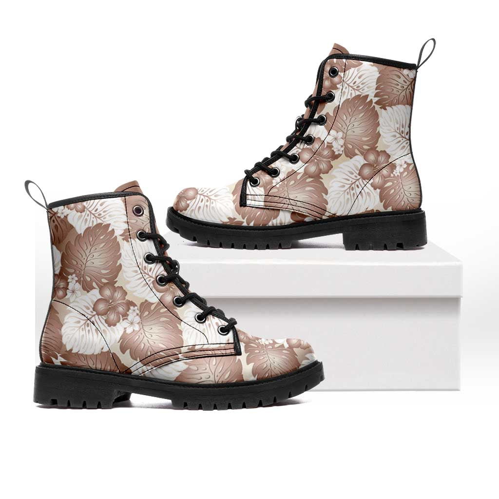 Mocha Mousse Aloha Hawaii Leather Boots Monstera Hibiscus Plumeria Seamless Vibes - Polynesian Pride