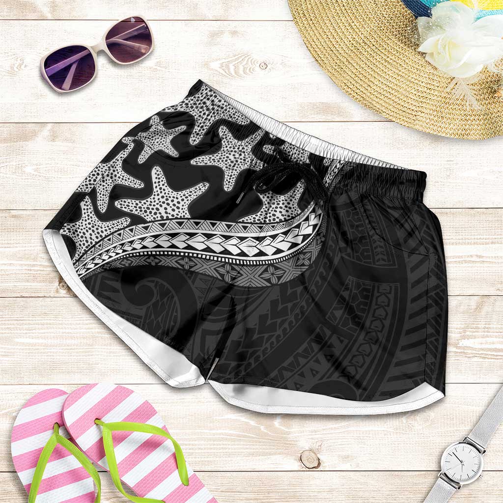 Monotone Polynesian Starfish Unique Pattern Shorts for Women LT01 Black - Polynesian Pride