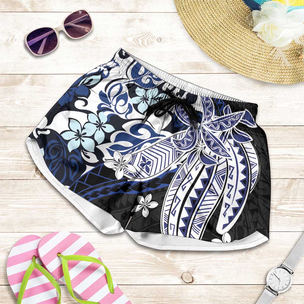 Monstera Plumeria Flowers Blue Shorts for Women Polynesian Pattern LT01 Blue - Polynesian Pride