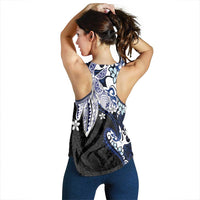 Monstera Plumeria Flowers Blue Women Racerback Tank Polynesian Pattern