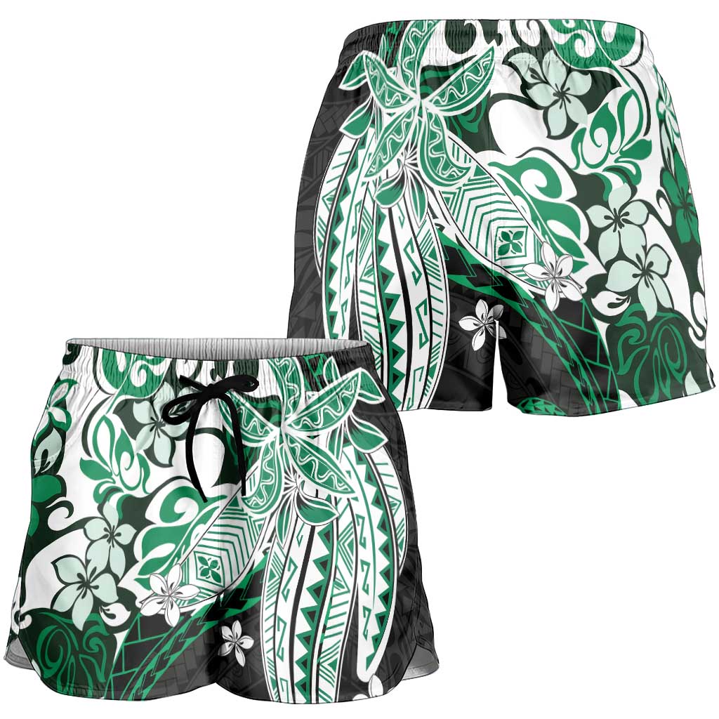 Monstera Plumeria Flowers Green Shorts for Women Polynesian Pattern