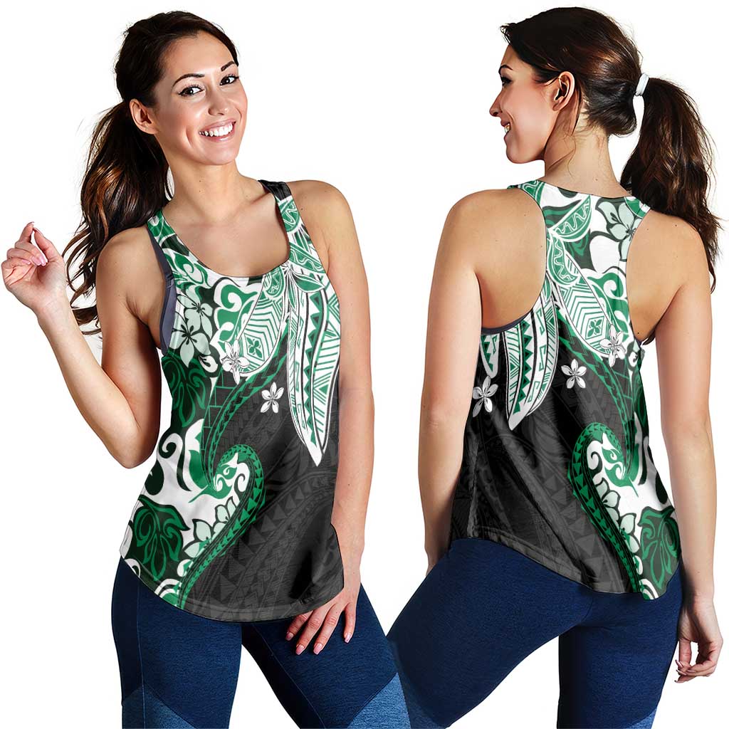 Monstera Plumeria Flowers Green Women Racerback Tank Polynesian Pattern