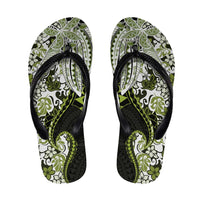 Monstera Plumeria Flowers Olive Green Flip Flops Polynesian Pattern