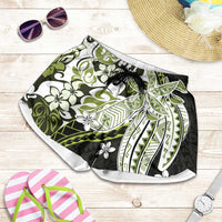 Monstera Plumeria Flowers Olive Green Shorts for Women Polynesian Pattern