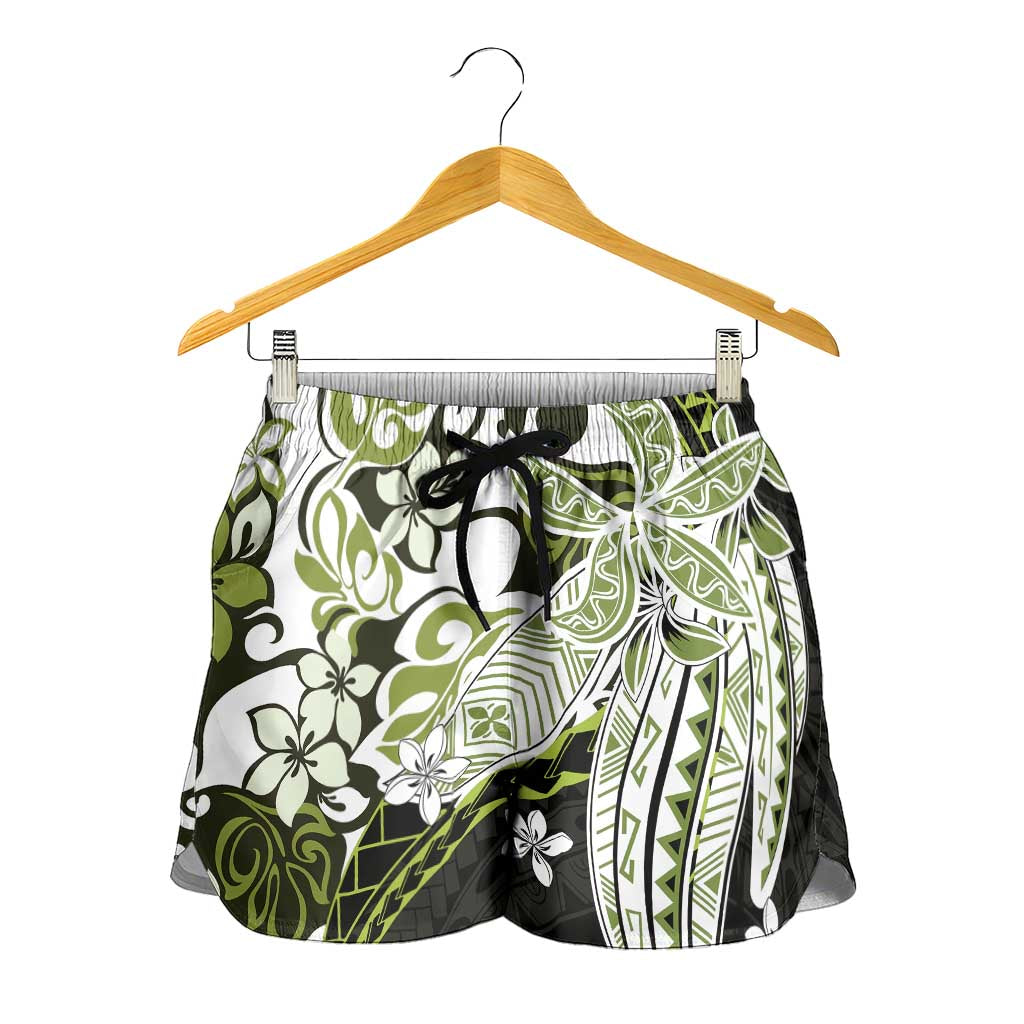 Monstera Plumeria Flowers Olive Green Shorts for Women Polynesian Pattern