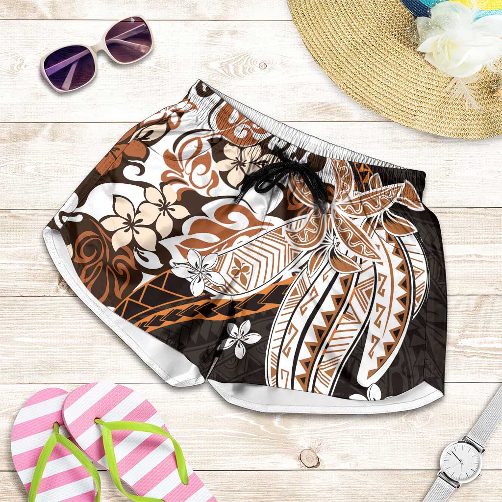 Monstera Plumeria Flowers Orange Shorts for Women Polynesian Pattern