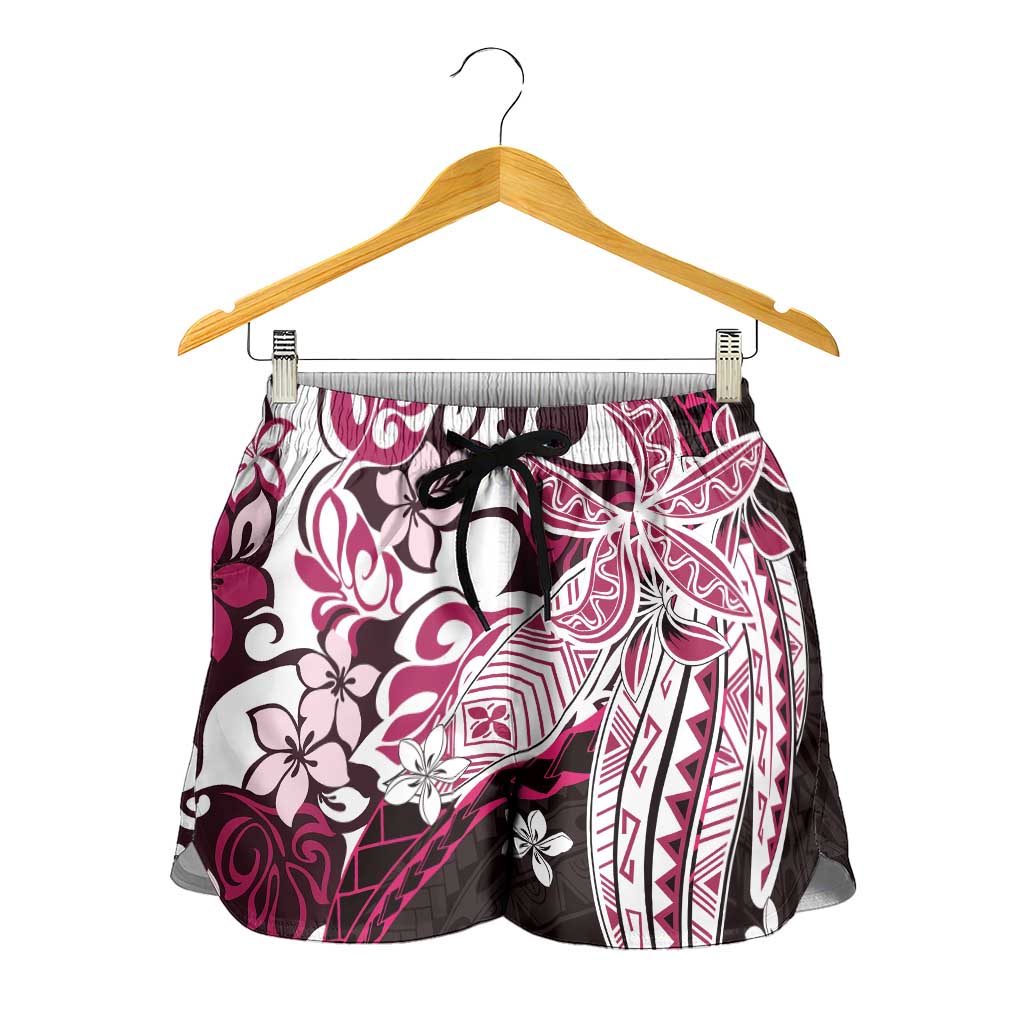 Monstera Plumeria Flowers Pink Shorts for Women Polynesian Pattern