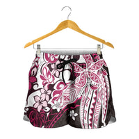 Monstera Plumeria Flowers Pink Shorts for Women Polynesian Pattern