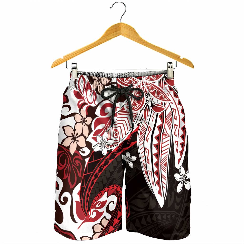 Monstera Plumeria Flowers Red Shorts for Men Polynesian Pattern