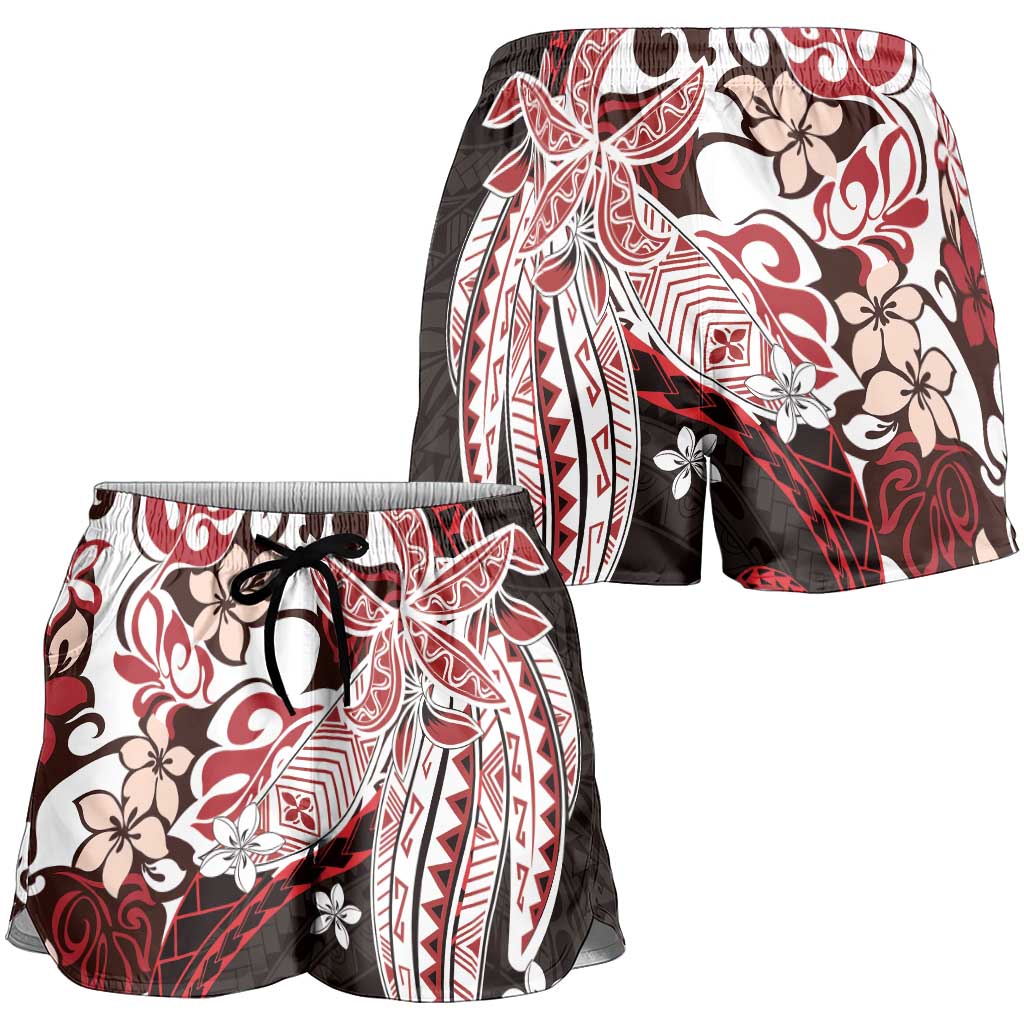 Monstera Plumeria Flowers Red Shorts for Women Polynesian Pattern