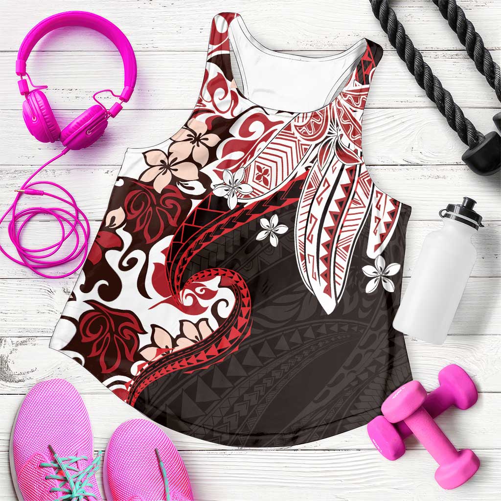 Monstera Plumeria Flowers Red Women Racerback Tank Polynesian Pattern