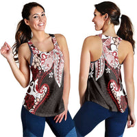 Monstera Plumeria Flowers Red Women Racerback Tank Polynesian Pattern