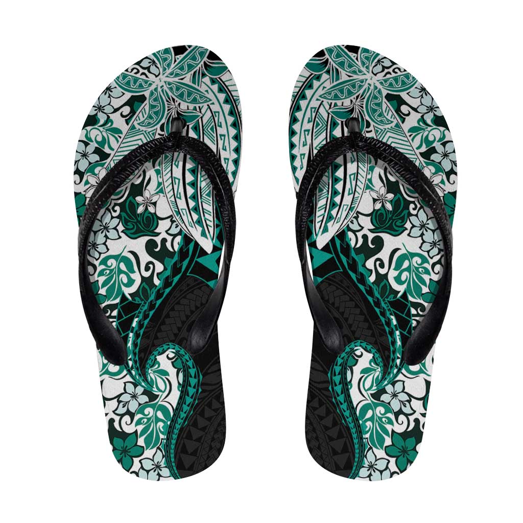 Monstera Plumeria Flowers Teal Flip Flops Polynesian Pattern