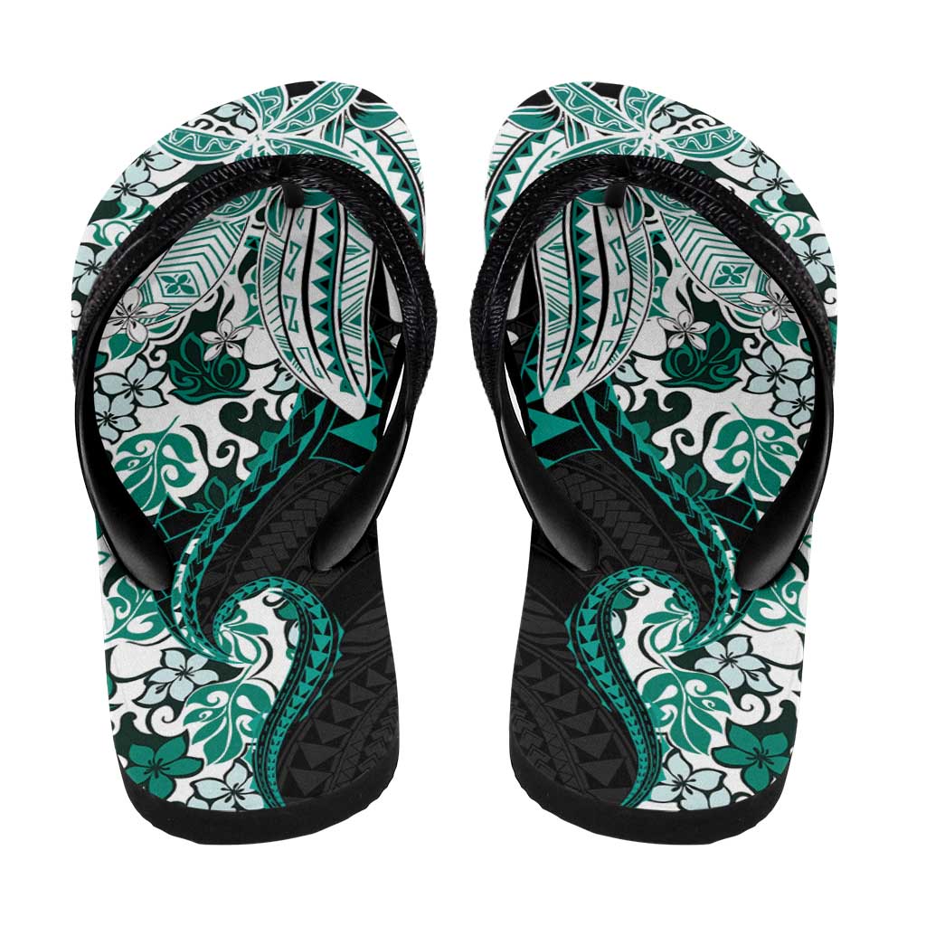 Monstera Plumeria Flowers Teal Flip Flops Polynesian Pattern