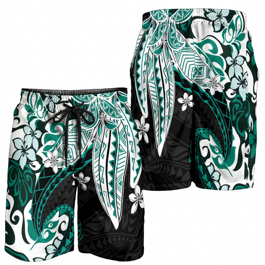 Monstera Plumeria Flowers Teal Shorts for Men Polynesian Pattern