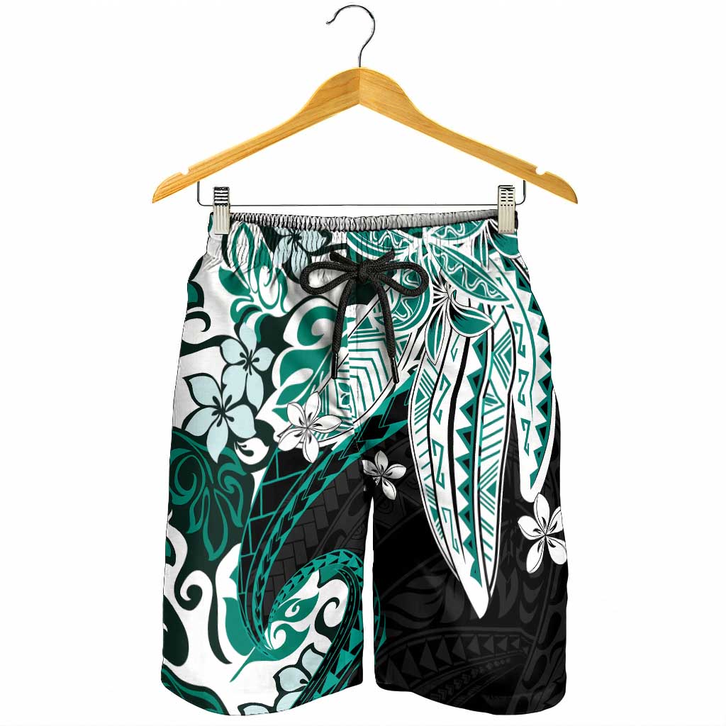 Monstera Plumeria Flowers Teal Shorts for Men Polynesian Pattern