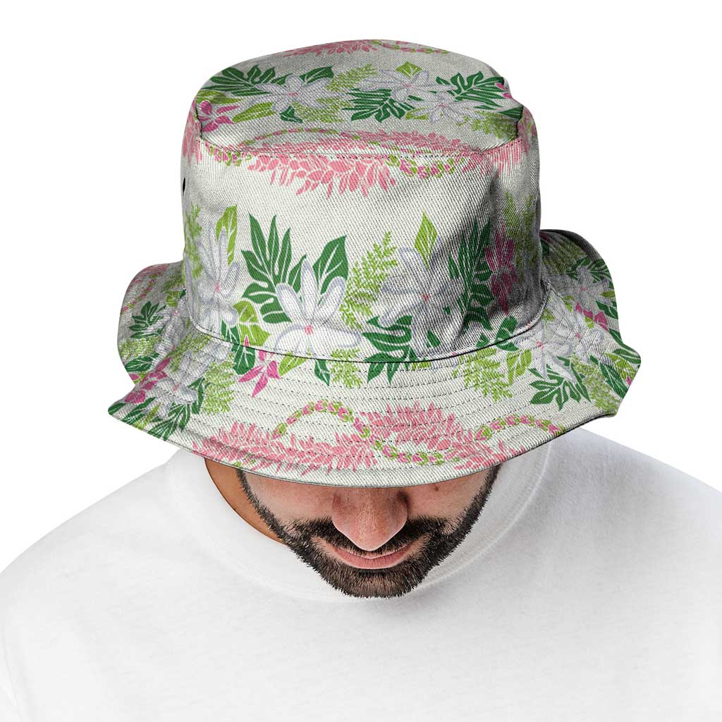 Monstera Tiare Plumeria Lei Pattern Bucket Hat Green Version