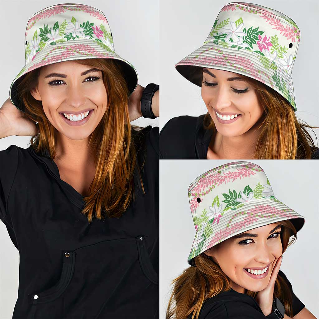 Monstera Tiare Plumeria Lei Pattern Bucket Hat Green Version