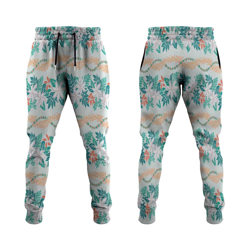 Monstera Tiare Plumeria Lei Pattern Jogger Pants Teal Version