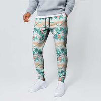 Monstera Tiare Plumeria Lei Pattern Jogger Pants Teal Version