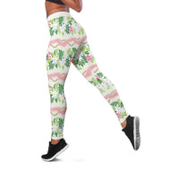 Monstera Tiare Plumeria Lei Pattern Leggings Green Version
